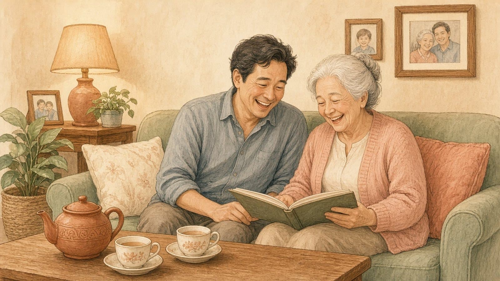 A grown son and his mother laughing over a photo album