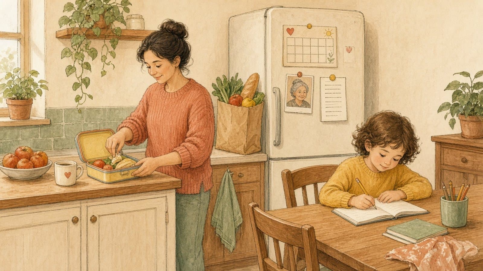 A mother making lunch while her child does homework at the kitchen table