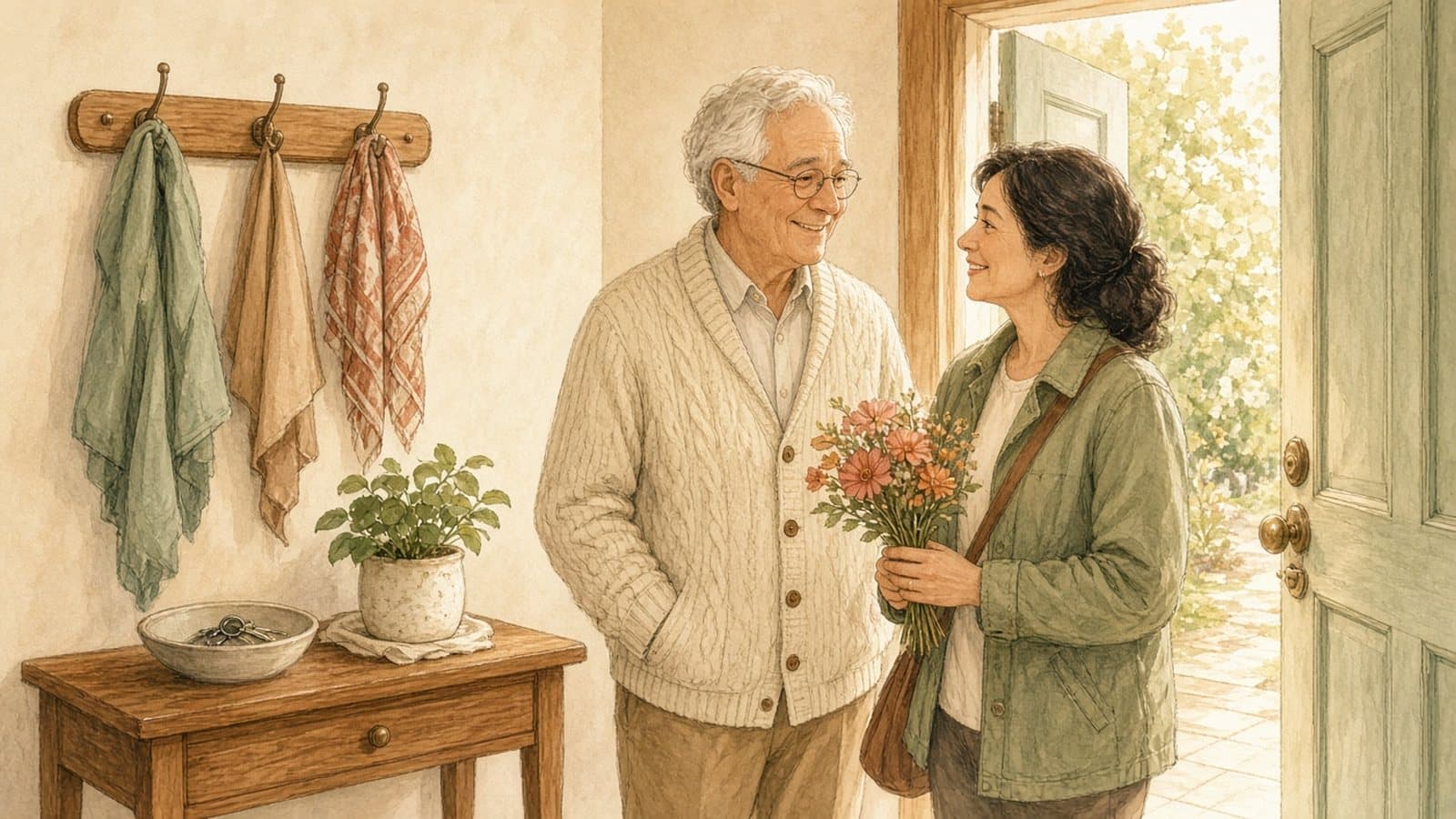 A father welcoming his daughter at his front door